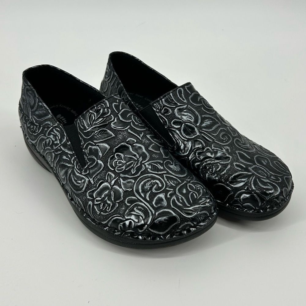 Spring Step Black and Silver Embossed Mules